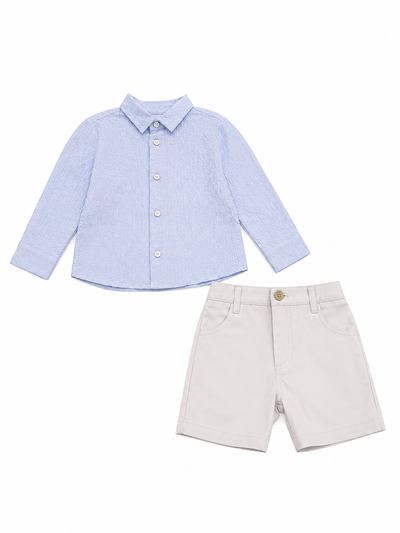 Embossed Cotton Shirt and Shorts Set in Light Blue
