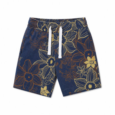 Patterned Denim Bermuda Shorts with Elastic Waist and Drawstring
