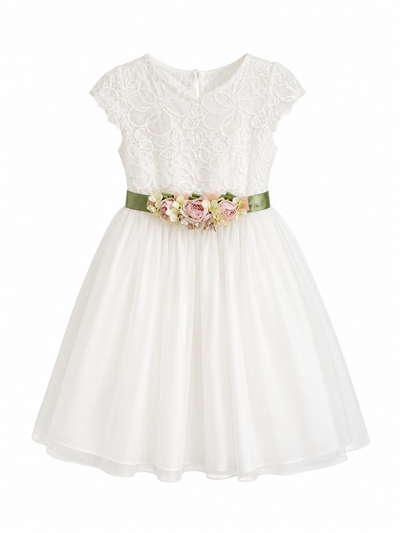 Long Tulle and Lace Dress with Floral Belt