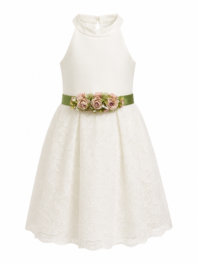 American Neckline Dress with Lace Skirt and Floral Belt