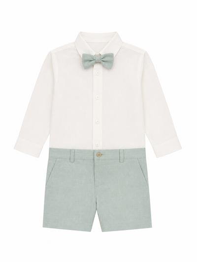 Shirt with Bow Tie and Linen Bermuda Shorts Set