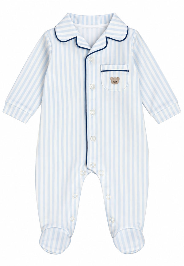 Tutina a righe azzurre con ricamo teddy