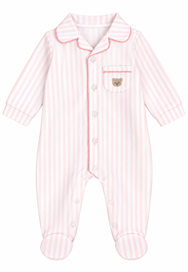 Tutina a righe rosa con ricamo teddy