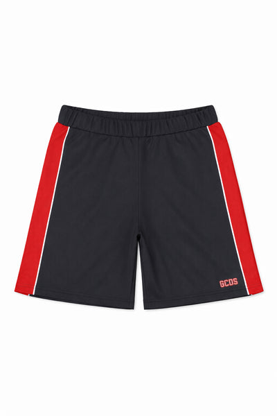 Black soccer shorts with red stripes