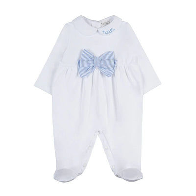White onesie with central striped bow