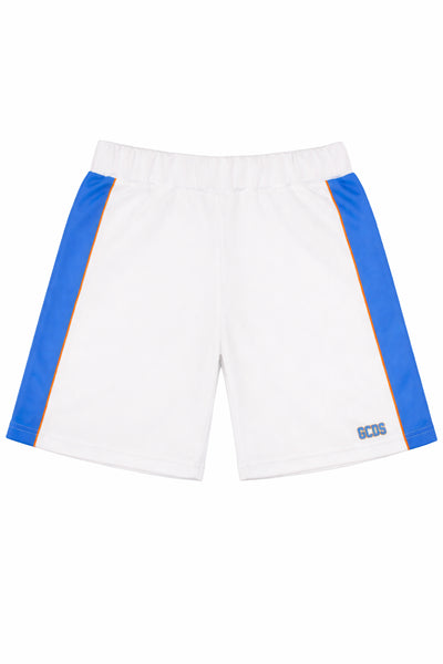 White soccer shorts with blue stripes