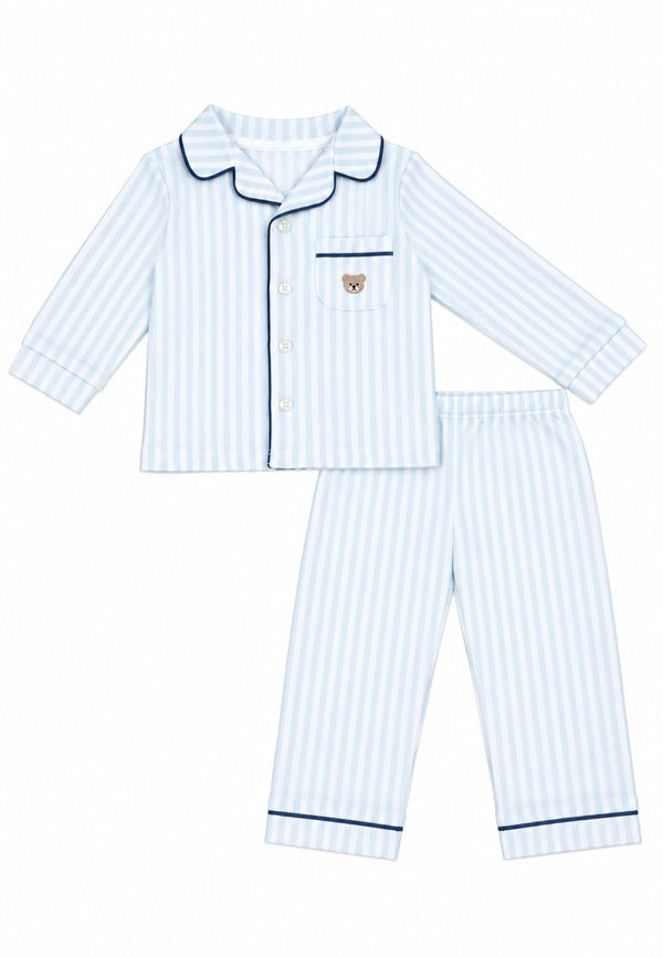 Pigiama a righe azzurre con ricamo teddy